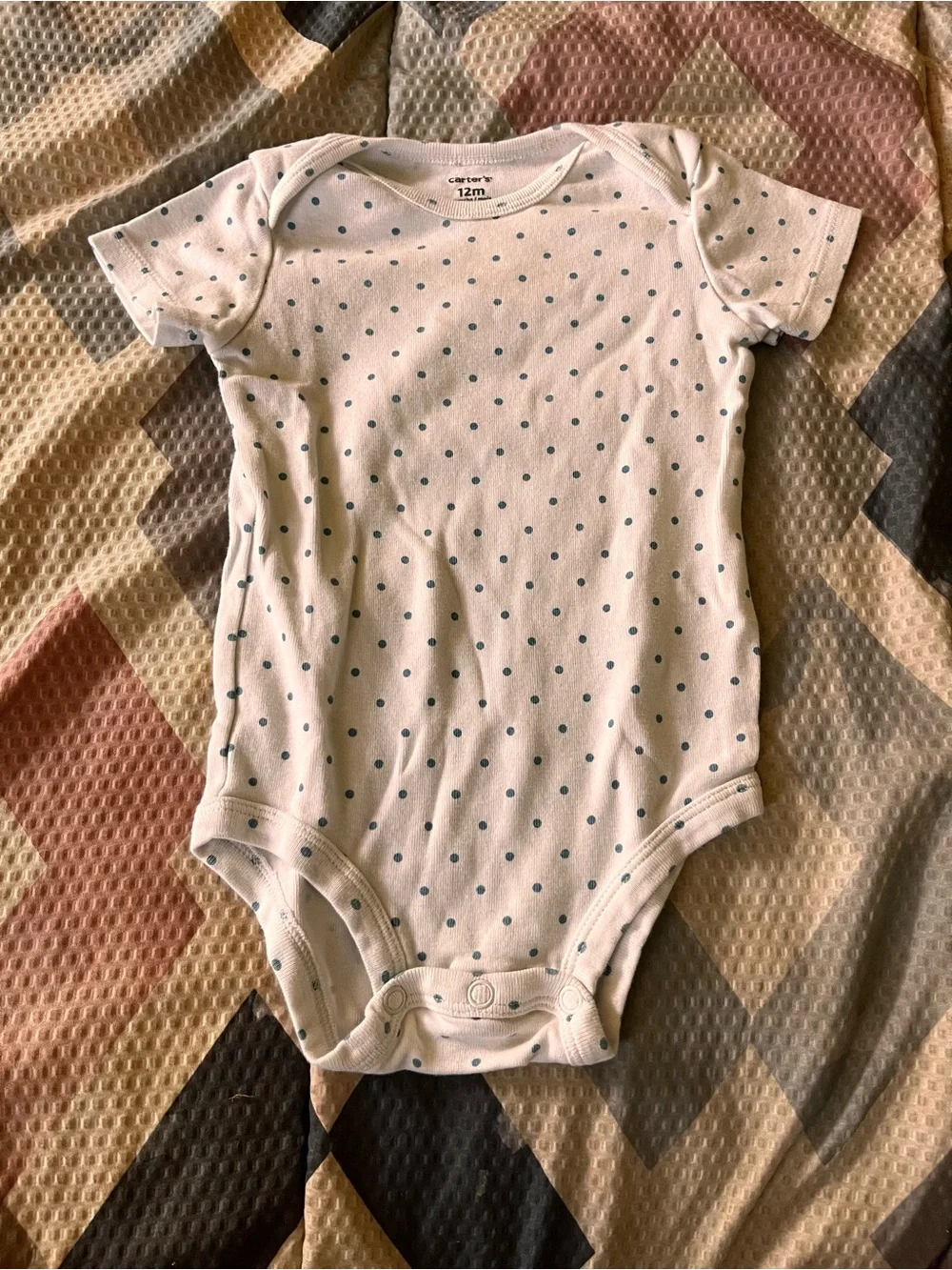 Carter's White Short-Sleeve Polka Dot One-Piece with Blue Dots